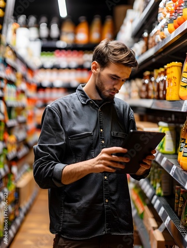 Young Store Manager Reviewing Grocery Inventory Using Digital Tablet in Supermarket Aisle
