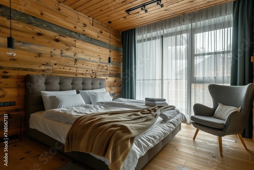 Modern loft style bedroom in apartment, comfortable double bed with bedding and minimalistic armchair against wooden wall, Generative AI