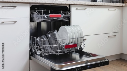 Open Dishwasher with Clean Plates and Glassware in Modern Kitchen