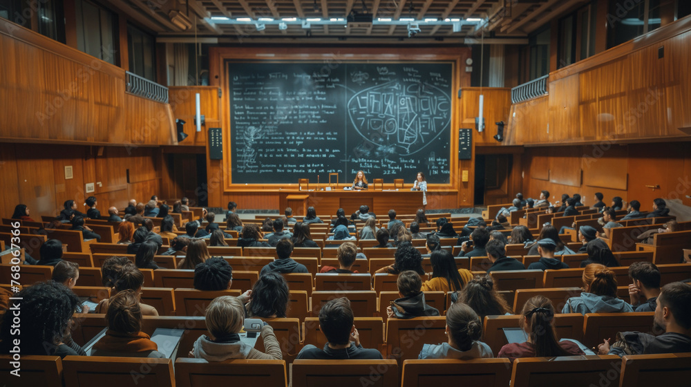 University Lecture Hall with Students and Professors, Students attentively listening to professors in a university lecture hall with a complex chalkboard diagram in the background.
