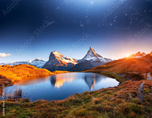 Fantastic evening panorama of Lake. Beauty of nature background concept.