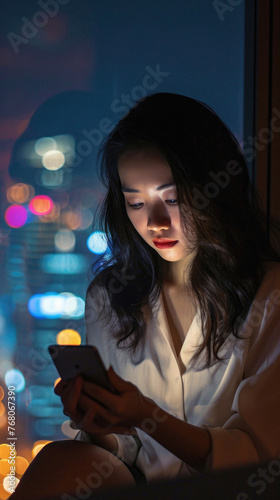 Portrait of a beautiful asian woman using smart phone at night