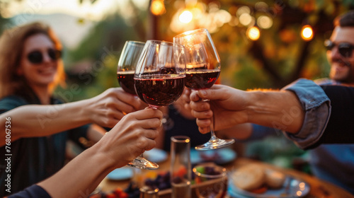 Group of friends toasting with red wine in a vineyard .