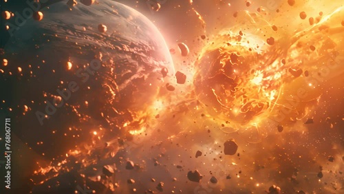 Planetary Impact: Dramatic Collision as a Destroyed Planet Crashes into Another photo