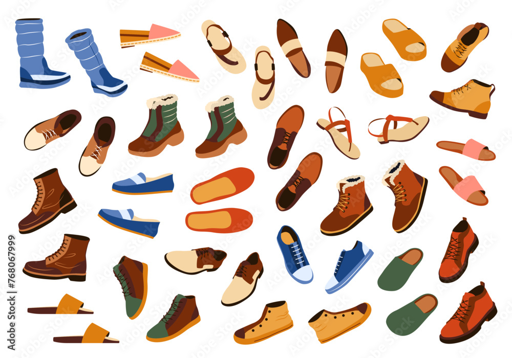 Set of shoes in casual style for men. Fashion trendy boots for fall, winter, spring and summer. isolated flat vector illustrations on white background. Fashionable footwear for men. Design elements. Set of shoes in casual style for men. Fashion trendy boots for fall, winter, spring and summer. isolated flat vector illustrations on white background. Fashionable footwear for men. Design elements.