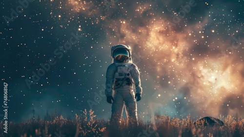 A solitary astronaut stands in a dreamlike meadow, gazing at the cosmos, evoking a sense of exploration and wonder.