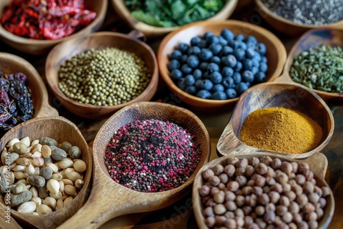 A colorful array of spices and ingredients in wooden bowls photo