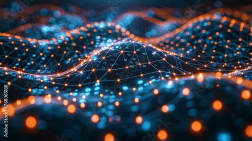 Digital waves form a mesh network with glowing nodes, visualizing data connections and network communication in a cyber landscape.