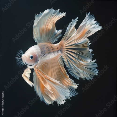 A Siamese fighting fish with delicate peach-colored fins flares gracefully against a dark backdrop, showcasing its beauty and elegance. © Zhanna