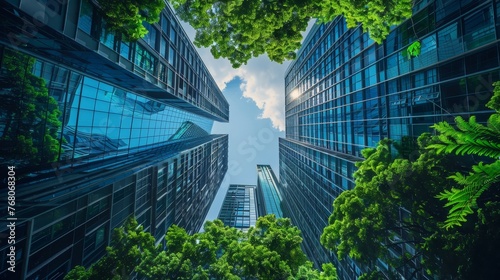 Looking up at a corridor of modern skyscrapers integrated with lush green trees, depicting sustainable urban development and green architecture.