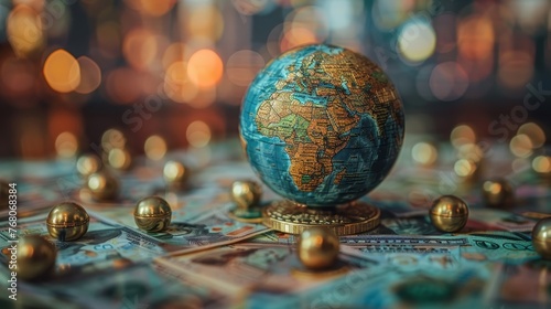 A miniature globe on a coin stand is surrounded by currency and metallic spheres, depicting the interconnected nature of global finance and economy.