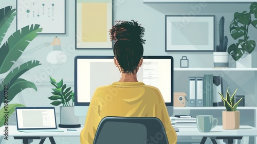 A digital illustration depicts a woman from behind, focusing on her work at a computer in a cozy and green-filled home office environment. photo
