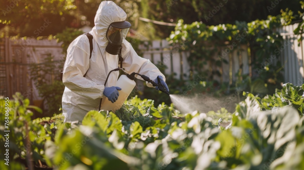 Gardener in protective suit using sprayer to control pests in vegetable garden Gardener in protective suit using sprayer to control pests in vegetable garden