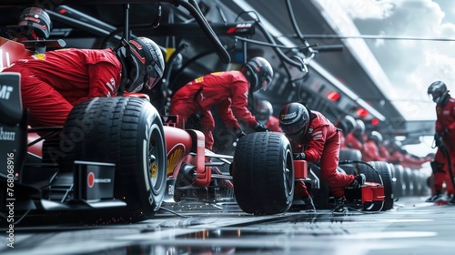 Pit crews in action required to quickly change tires in a Formula 1 pit lane