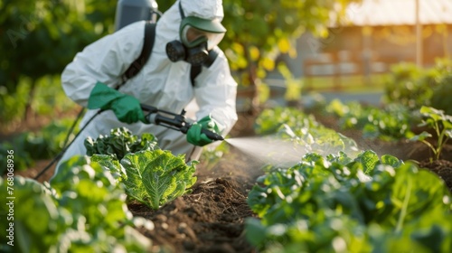 Gardener in protective suit using sprayer to control pests in vegetable garden