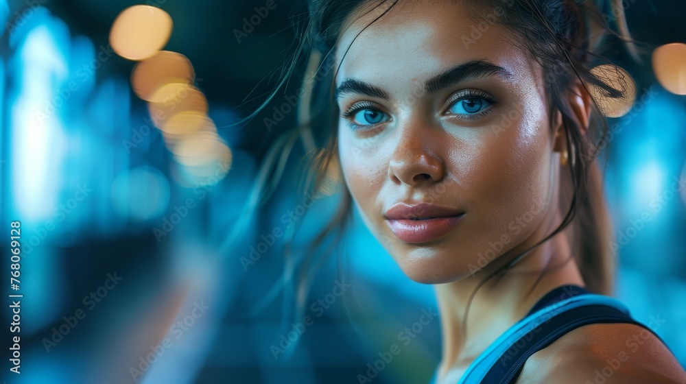 Close-up portrait of a determined young athletic woman during a nighttime workout session, with city lights creating a bokeh effect in the background. Close-up portrait of a determined young athletic woman during a nighttime workout session, with city lights creating a bokeh effect in the background.