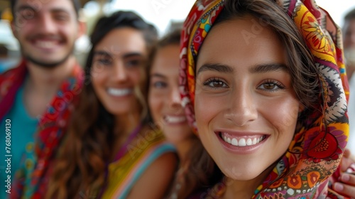 A joyful young woman in a vibrant headscarf is smiling with friends in a sunny, outdoor setting, reflecting a scene of happiness and togetherness.