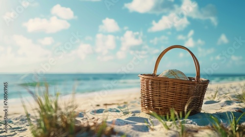 Picnic basket on sunny beach 