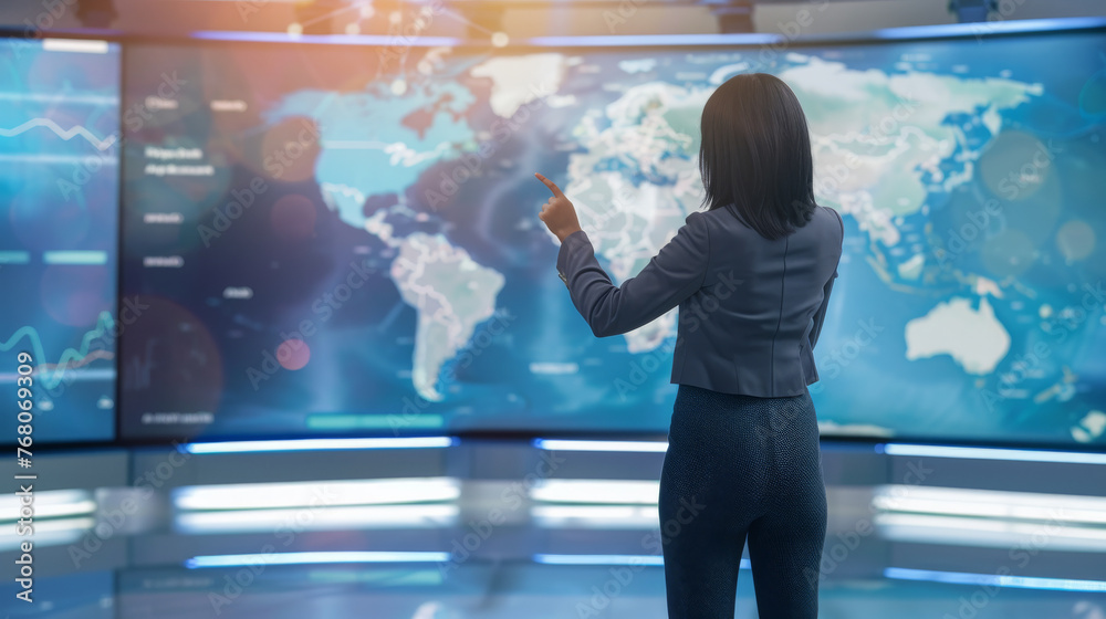 Female News Reporter Presenting Global News, A female reporter gestures to a digital world map on a screen while presenting the latest global news in a modern broadcast studio. - obrazy, fototapety, plakaty 