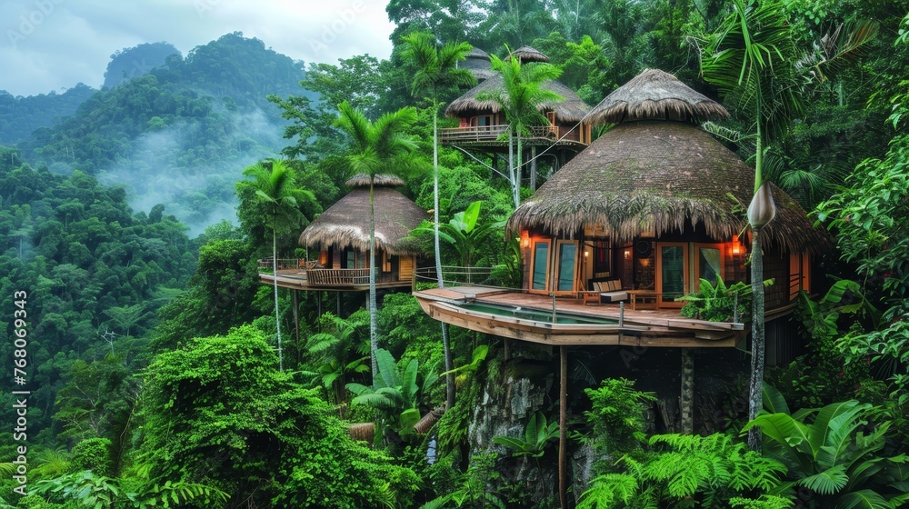 Luxurious treehouses with thatched roofs set in a dense, misty jungle, showcasing sustainable architecture. Luxurious treehouses with thatched roofs set in a dense, misty jungle, showcasing sustainable architecture.