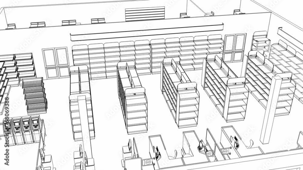 Contour visualization of retail floor mockup with empty shelves. 3d animation rotation