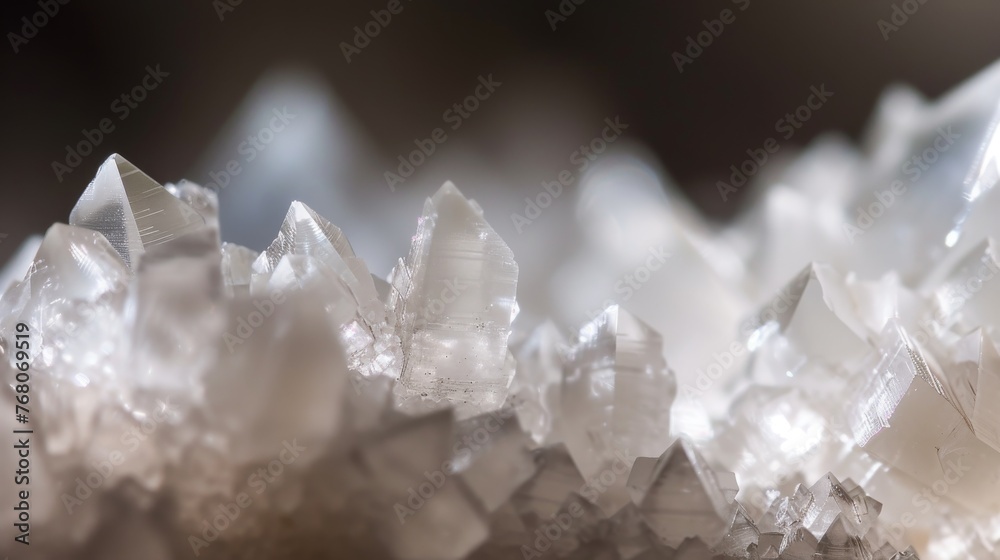 Macro shot of natural quartz crystals, showcasing their translucent quality and geometric sharpness, perfect for geological themes.