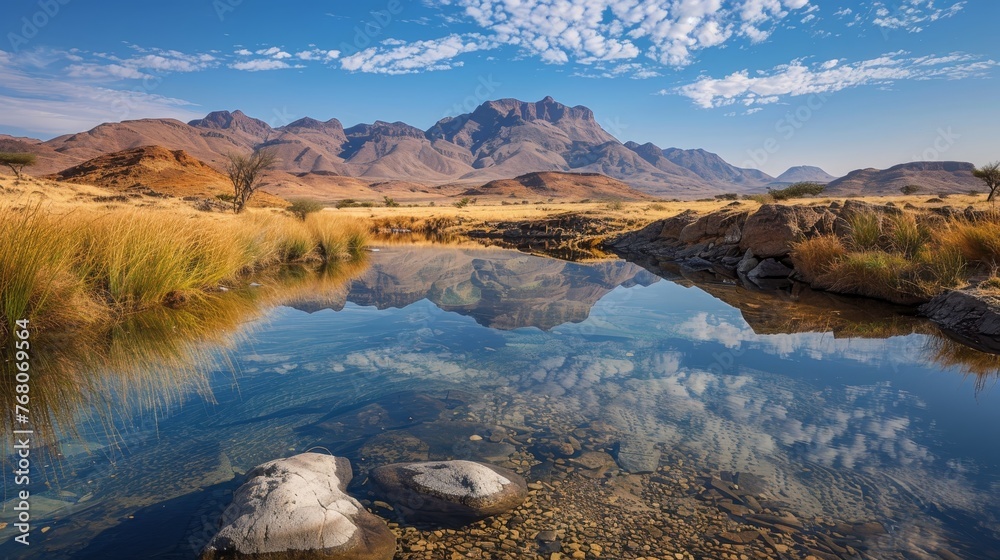 Tranquil clear water pond reflecting the rugged mountains and blue sky, surrounded by golden grasses in the wilderness.