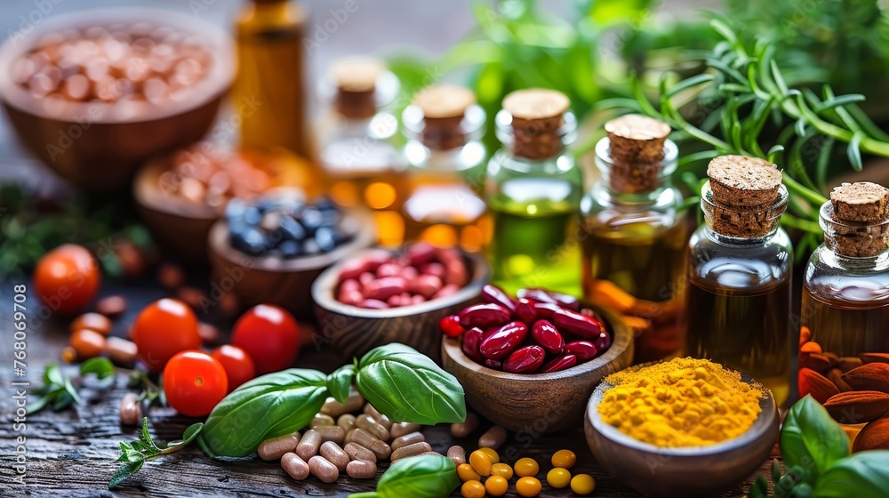 A vibrant display of natural supplements, essential oils, and fresh herbs, embodying the essence of holistic health and natural wellness. A vibrant display of natural supplements, essential oils, and fresh herbs, embodying the essence of holistic health and natural wellness.