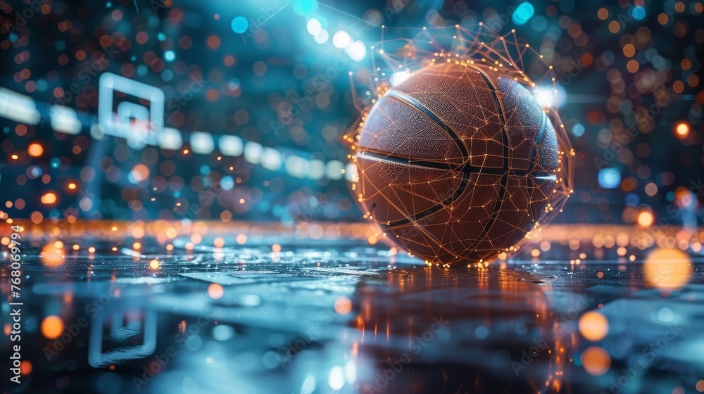 A digitally enhanced basketball glows with a network pattern on an indoor court, symbolizing technology's integration with sports. - obrazy, fototapety, plakaty 