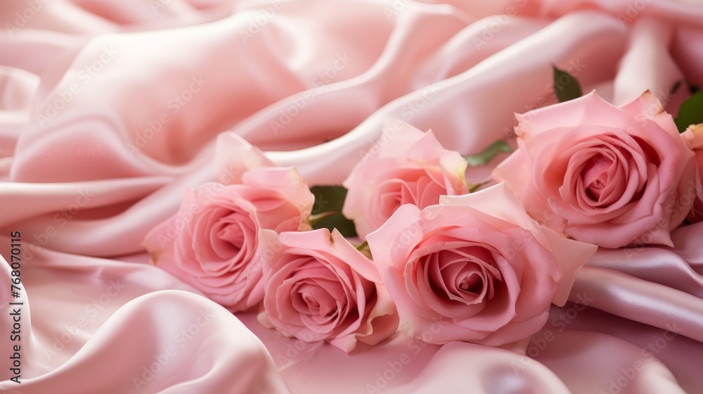 Beautiful pink roses and pink rose petals on soft silk