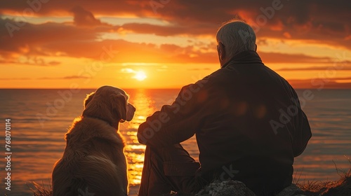 A peaceful scene with a man and his dog sitting side by side, watching the sun dip below the horizon over the ocean. Man and Dog Enjoying Sunset by the Sea