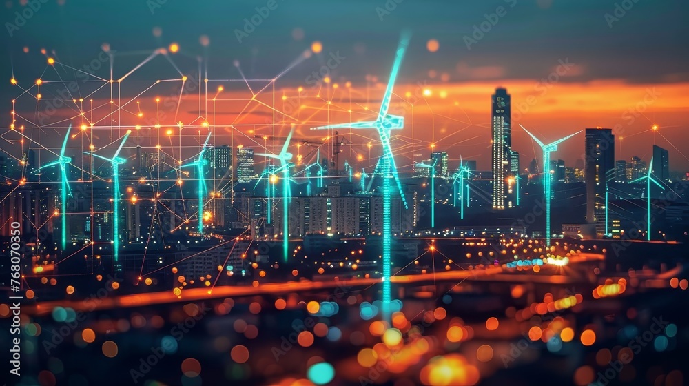 Futuristic city skyline with overlay of network connectivity and glowing wind turbines, highlighting the integration of smart city technology and renewable energy.