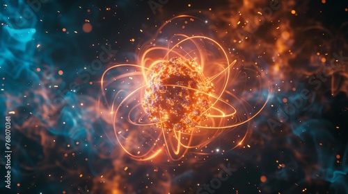 Digital art portraying an abstract concept of a glowing atomic structure within a quantum energy field  symbolizing atomic and subatomic phenomena.