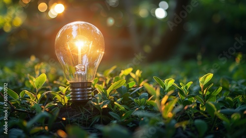 An illuminated light bulb stands out amongst vibrant green leaves, symbolizing ideas, nature, and sustainability in a warm, natural setting.