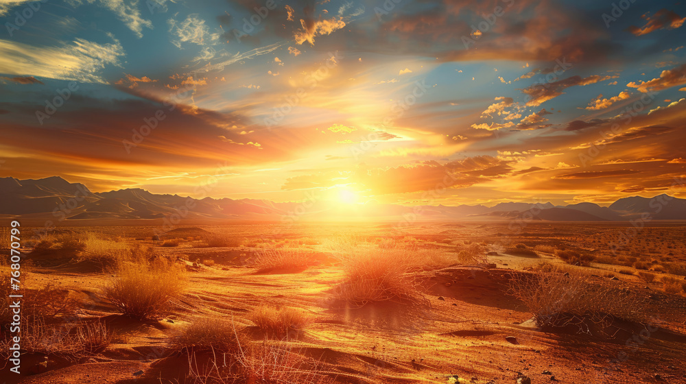 Desert landscape with blazing sun in the sky Desert landscape with blazing sun in the sky