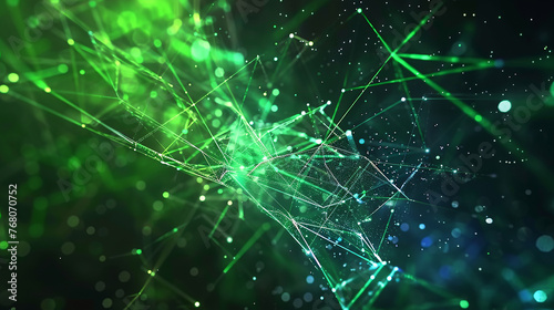 Abstract plexus tech background with glowing blue and green connecting lines and dots or nodes