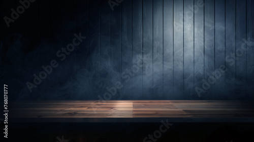 Empty rustic wood table, abstract scene dark blue background, neon, light, spotlights, wooden floor studio room with smoke float up the interior texture for display products