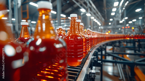 Beverage factory interior. Conveyor with bottles for juice or water.