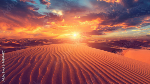 Desert landscape with blazing sun in the sky