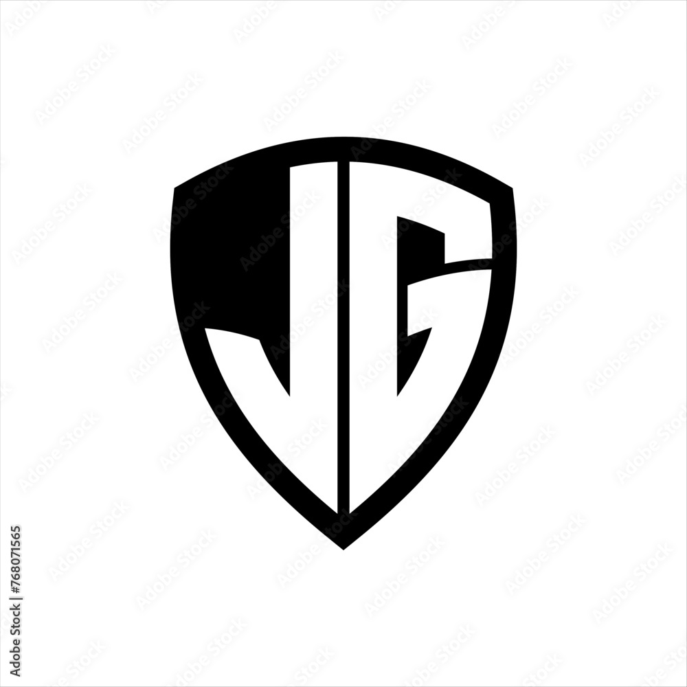 JG monogram logo with bold letters shield shape with black and white color design JG monogram logo with bold letters shield shape with black and white color design