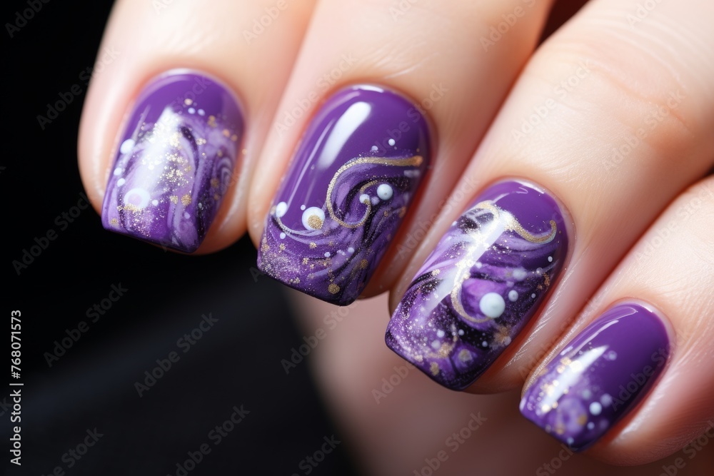 Close-up of a hand displaying purple nail art with abstract patterns on a black background Close-up of a hand displaying purple nail art with abstract patterns on a black background