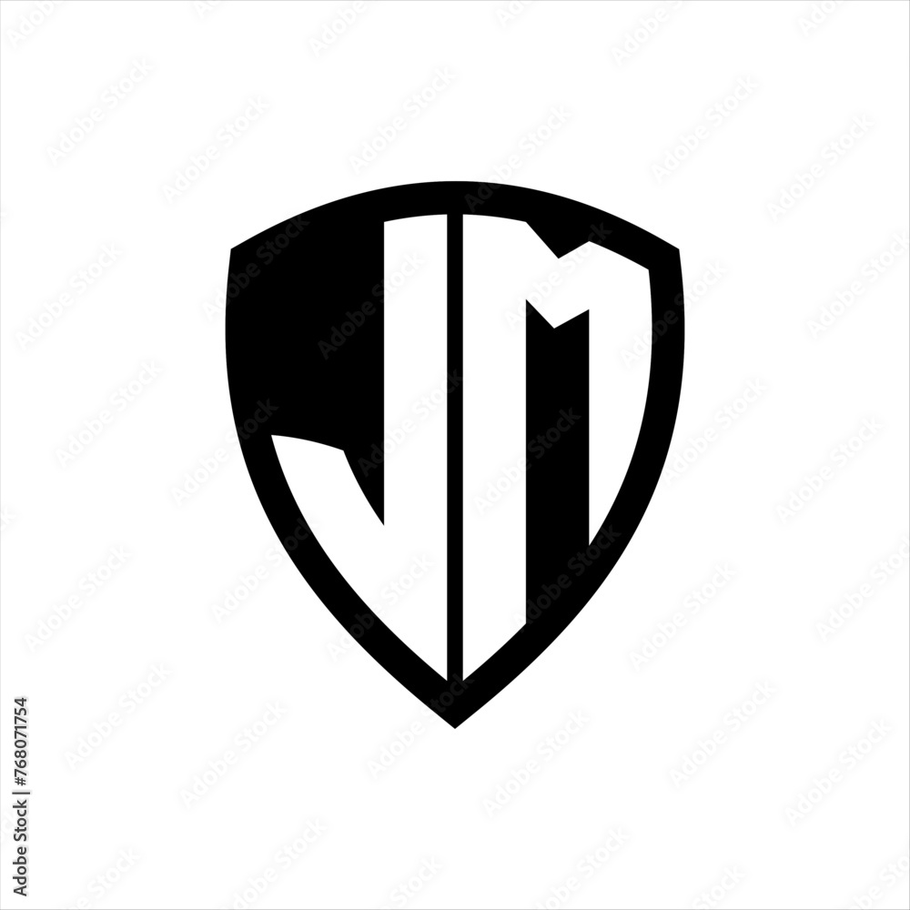 JM monogram logo with bold letters shield shape with black and white color design JM monogram logo with bold letters shield shape with black and white color design