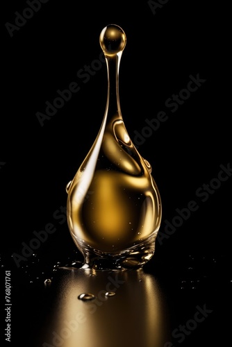 A single golden droplet captured at the moment of impact against a dark background