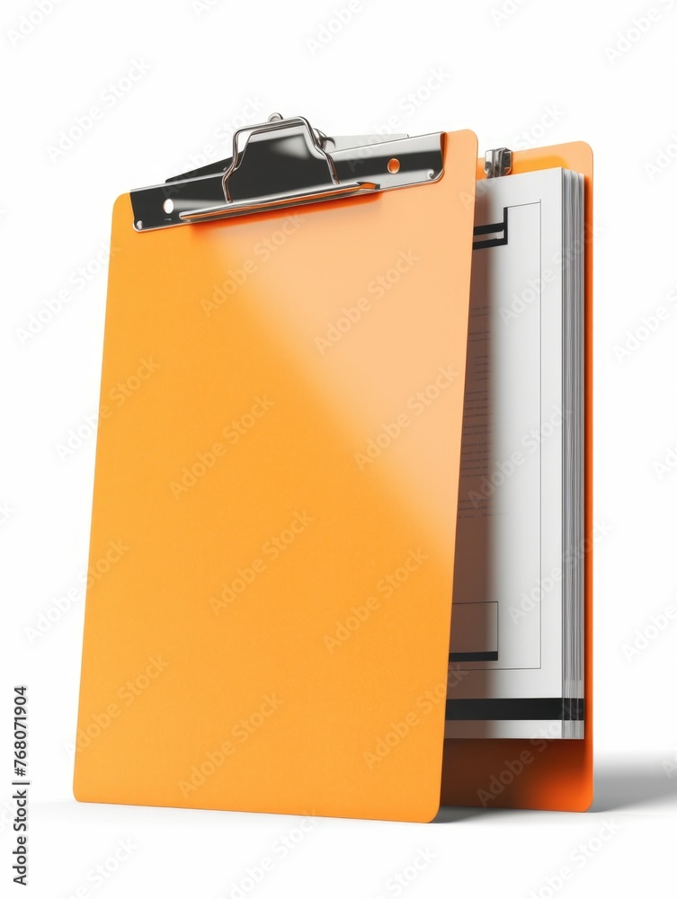 An orange clipboard with papers attached An orange clipboard with papers attached