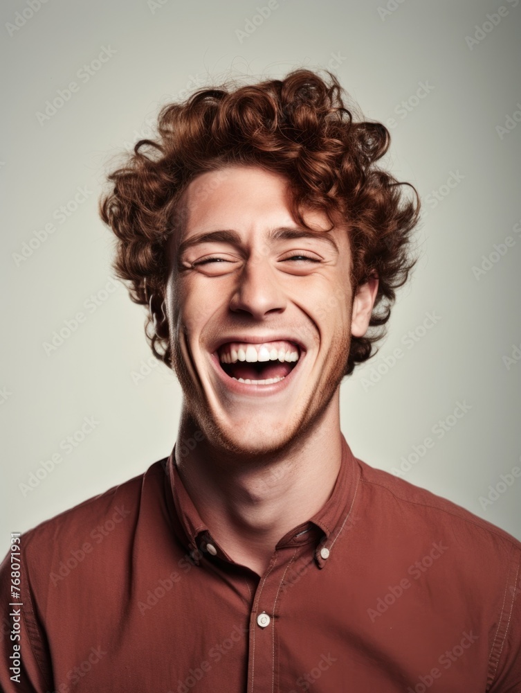 A young man with curly hair laughs heartily in front of a neutral background A young man with curly hair laughs heartily in front of a neutral background