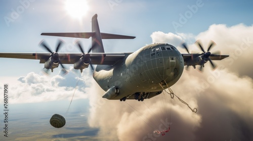 A military crate is being parachuted from an Alenia C-27J Spartan military cargo plane during a drill. photo