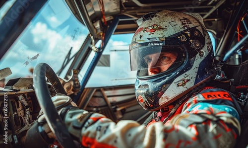 A focused racing driver in a full protective helmet and suit seated inside the cockpit of a high-performance race car, ready for competition.