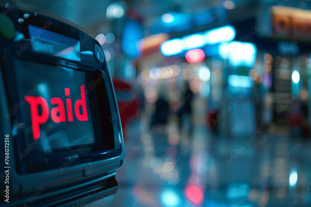 The inscription “Paid” on the terminal screen for paying for purchases in store. Close-up photo The inscription “Paid” on the terminal screen for paying for purchases in store. Close-up photo