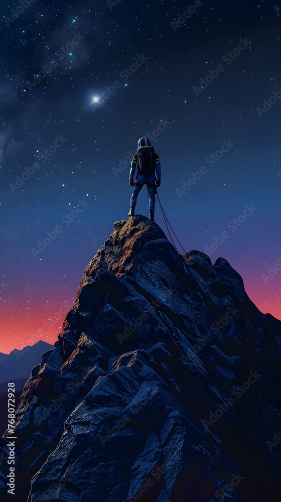 Space Astronaut on Mountain Peak Overlooking Stars, To convey a sense of exploration, discovery, and wonder in the great unknown of space Space Astronaut on Mountain Peak Overlooking Stars, To convey a sense of exploration, discovery, and wonder in the great unknown of space
