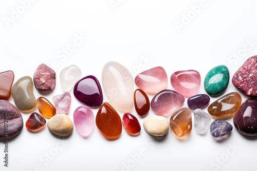close-up view of a row of beautiful natural stones isolated on white